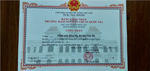 MN Họa Mi - Đạt KĐCLGD cấp độ 3, trường đạt chuẩn quốc gia mức độ 2